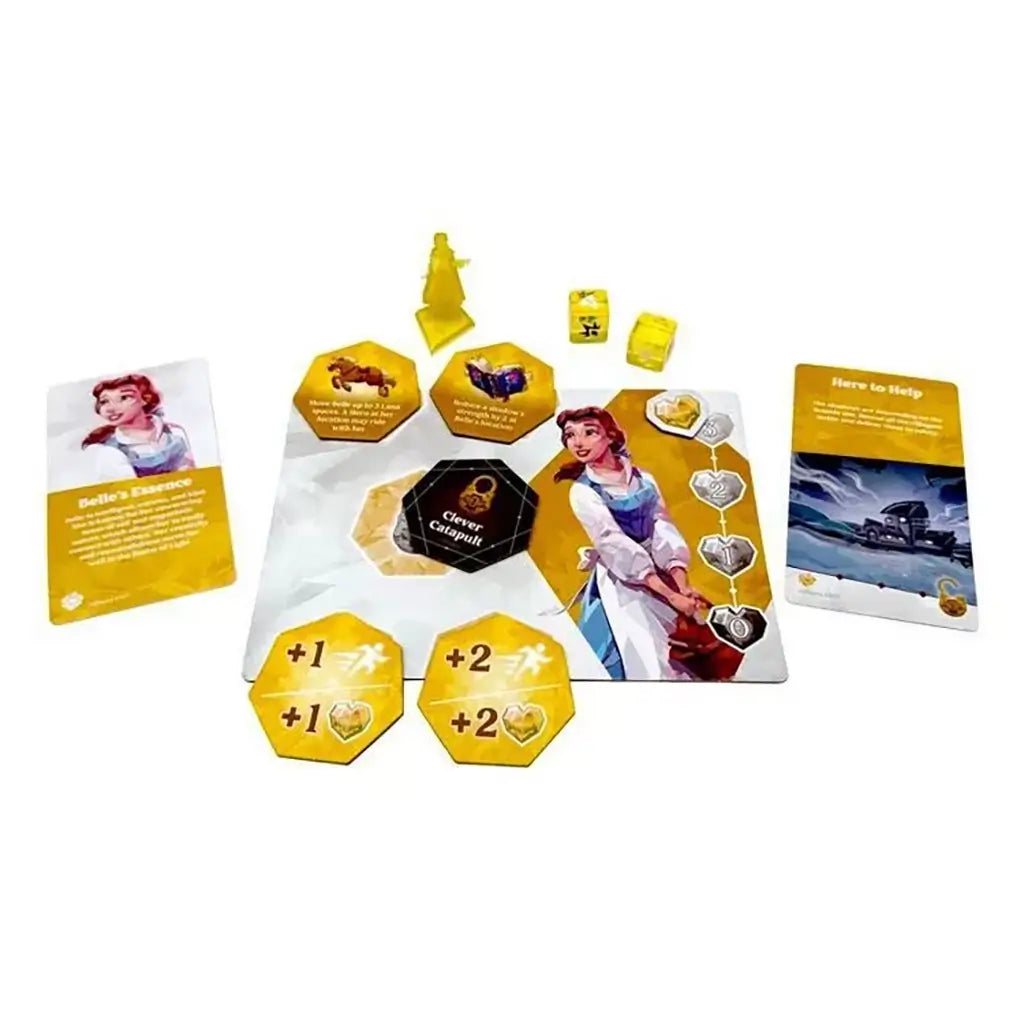 Disney Chronicles of Light Belle character board game components, with yellow tokens, dice, figure, and Clever Catapult powers, plus illustrated cards for themed gameplay.