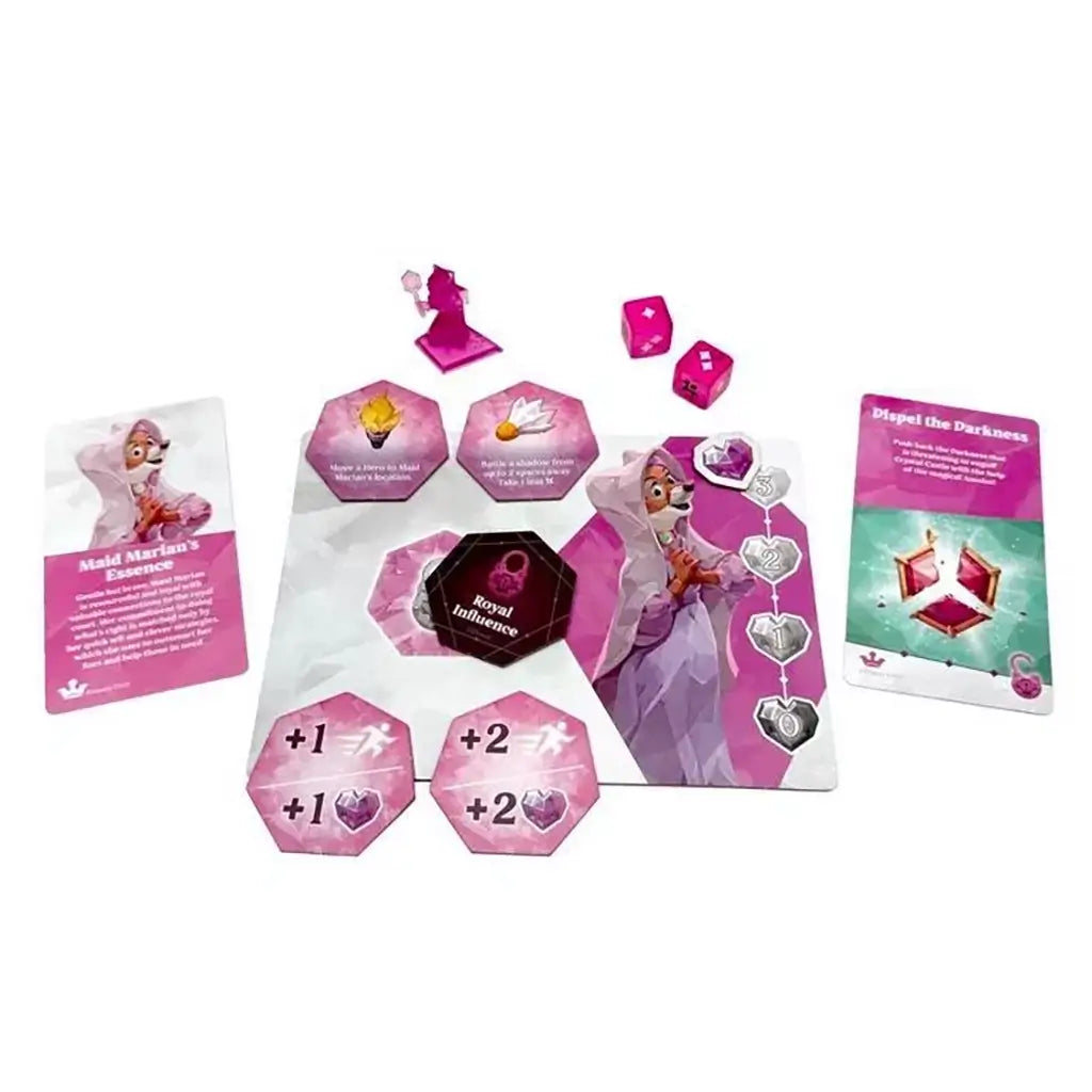 Disney Chronicles of Light Maid Marian character game pieces with pink board, dice, tokens, cards, and miniature, highlighting her Royal Influence powers and quest cards.