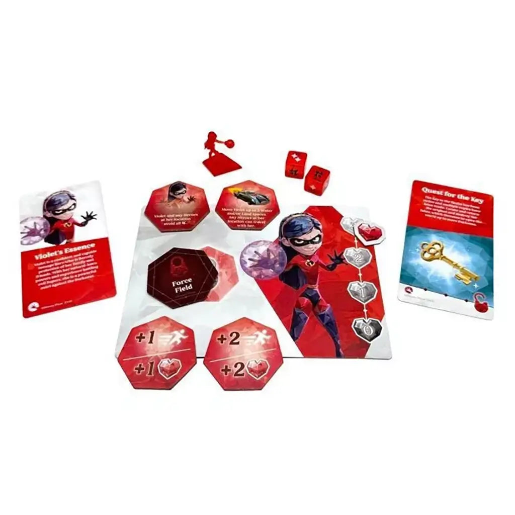 Disney Chronicles of Light Violet character game set including red player board, dice, tokens, and miniature figure, showcasing her Force Field abilities and adventure cards.