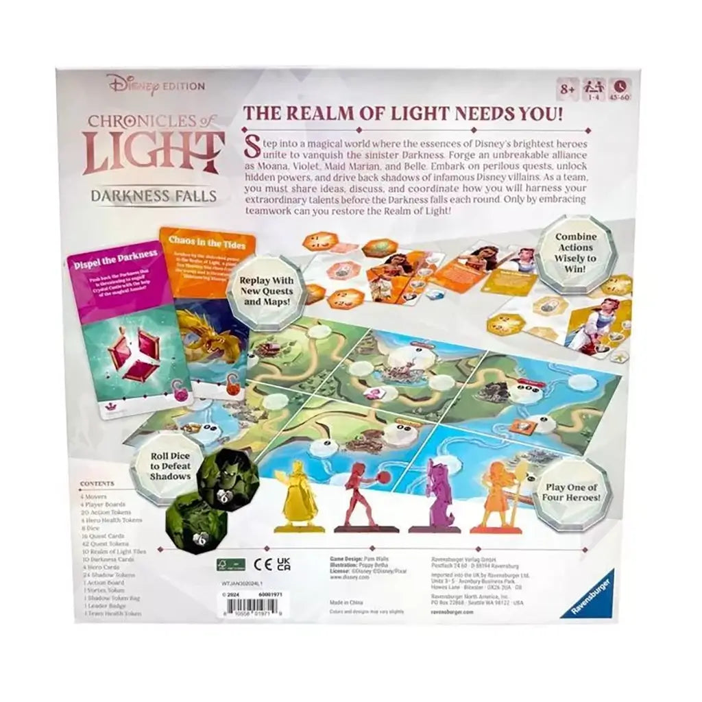 Back of Ravensburger Disney Chronicles of Light: Darkness Falls board game box, showing game board, cards, dice, tokens, and heroes like Belle, Moana, Violet, and Maid Marian.
