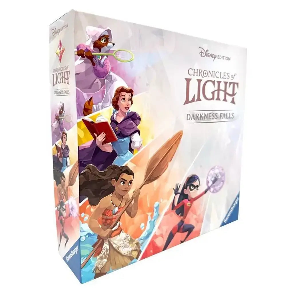 Front box of Ravensburger Disney Chronicles of Light: Darkness Falls featuring illustrated heroes Belle, Moana, Violet, and Maid Marian in dynamic poses against a fantasy backdrop.