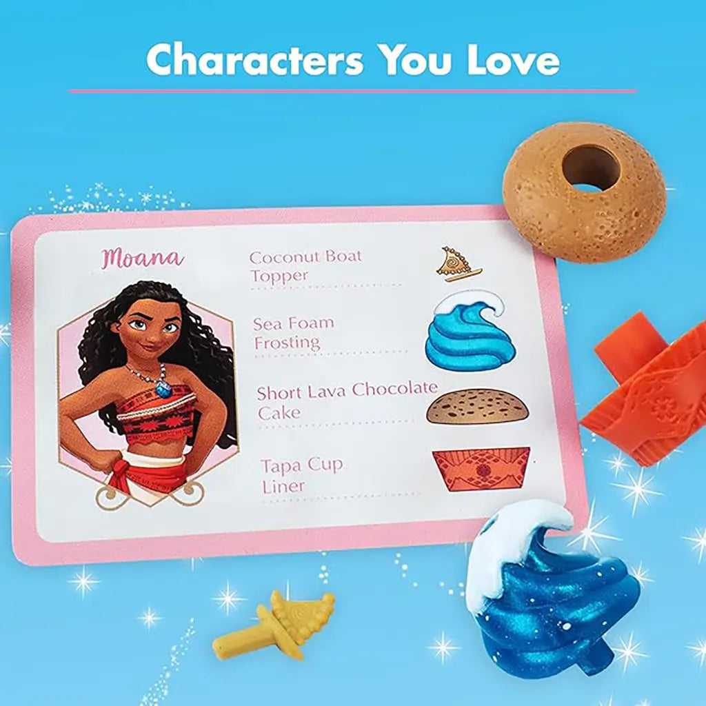 Disney Enchanted Cupcake Party game card featuring Moana with cupcake pieces like coconut boat topper, sea foam frosting, lava chocolate cake, and tapa wrapper liner.