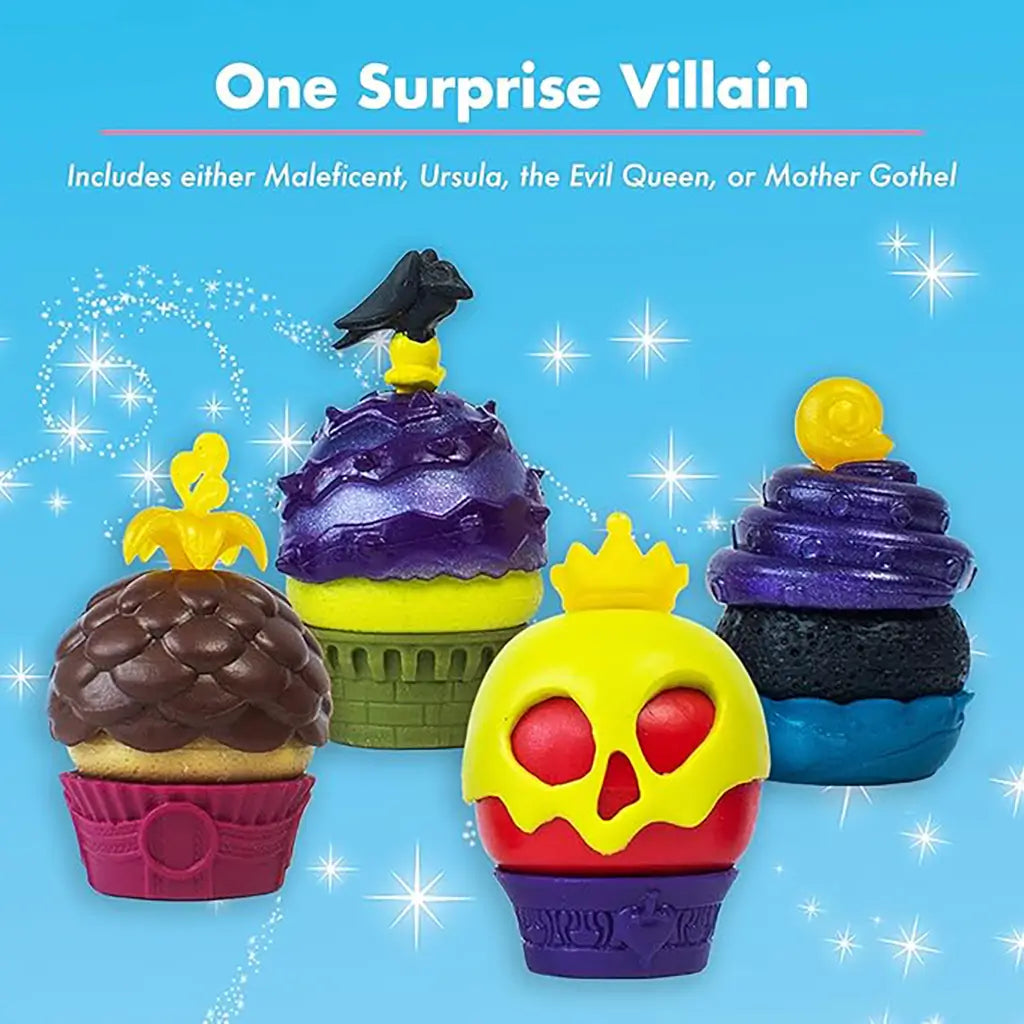 Four Disney villain-themed cupcakes from Enchanted Cupcake Party, styled after Maleficent, Ursula, Evil Queen, and Mother Gothel, with dark frosting and spooky toppers.