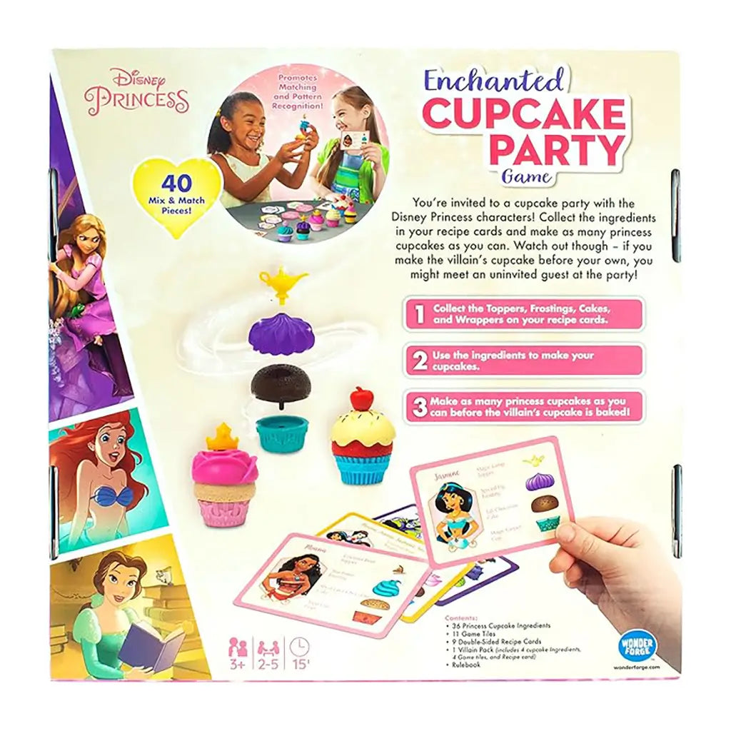 Back of Ravensburger Disney Enchanted Cupcake Party Game box showing mix-and-match play concept, recipe cards, and promotional details highlighting educational benefits.