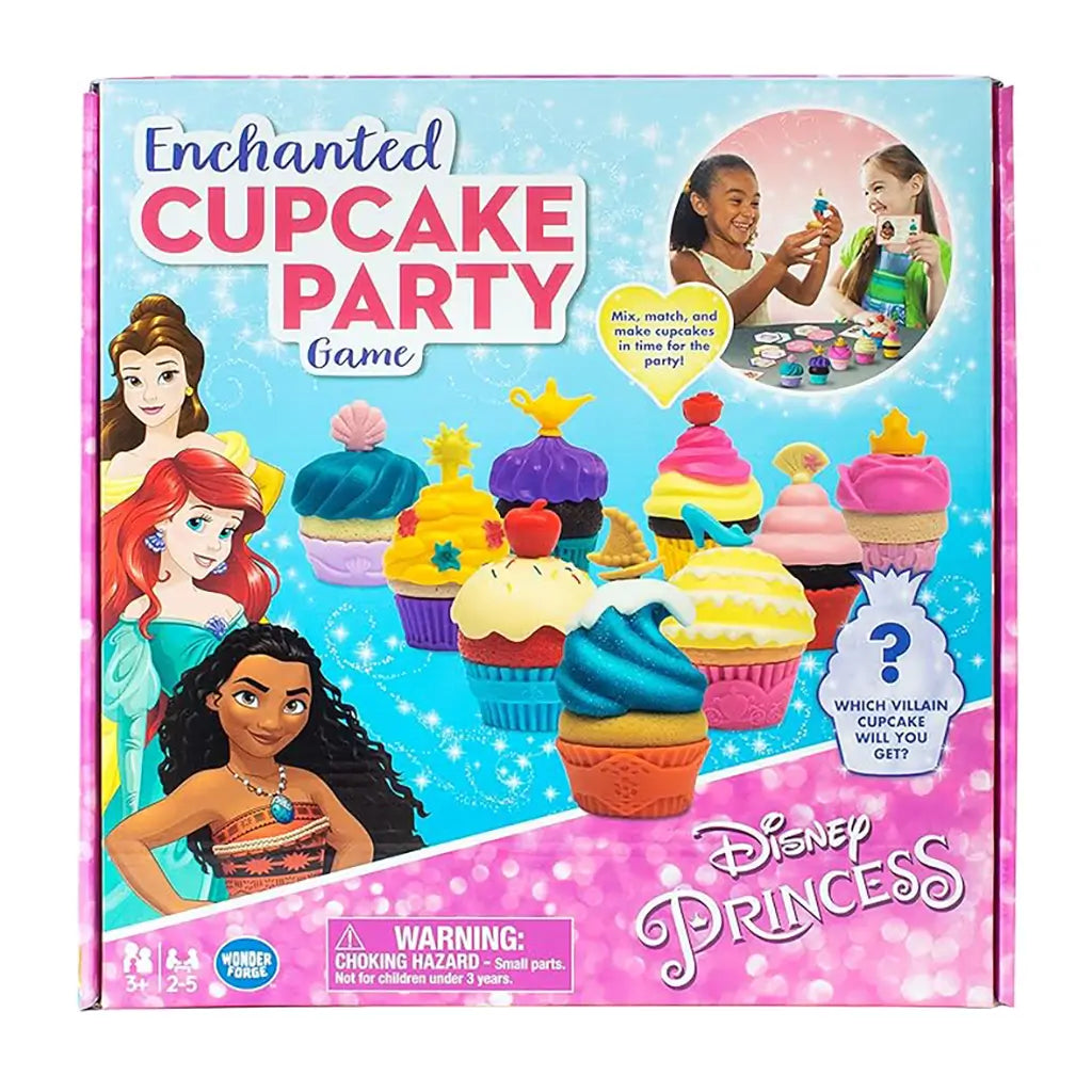 Front of Disney Enchanted Cupcake Party Game box featuring princess artwork, cupcakes, and children playing, with branding and age range for preschool and family play.