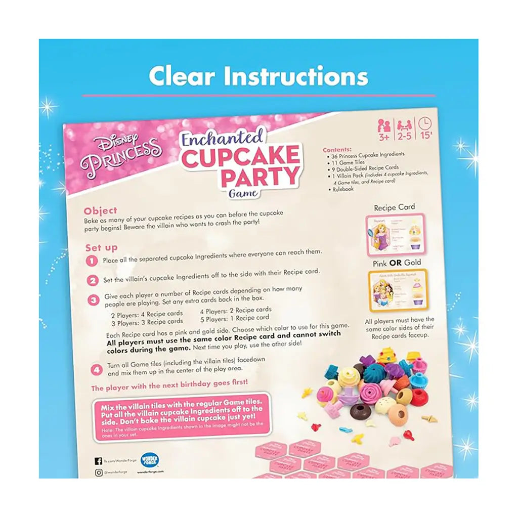 Instruction sheet for Disney Enchanted Cupcake Party Game detailing setup, recipe card rules, and gameplay, with images of cupcake ingredients and colorful game tiles.