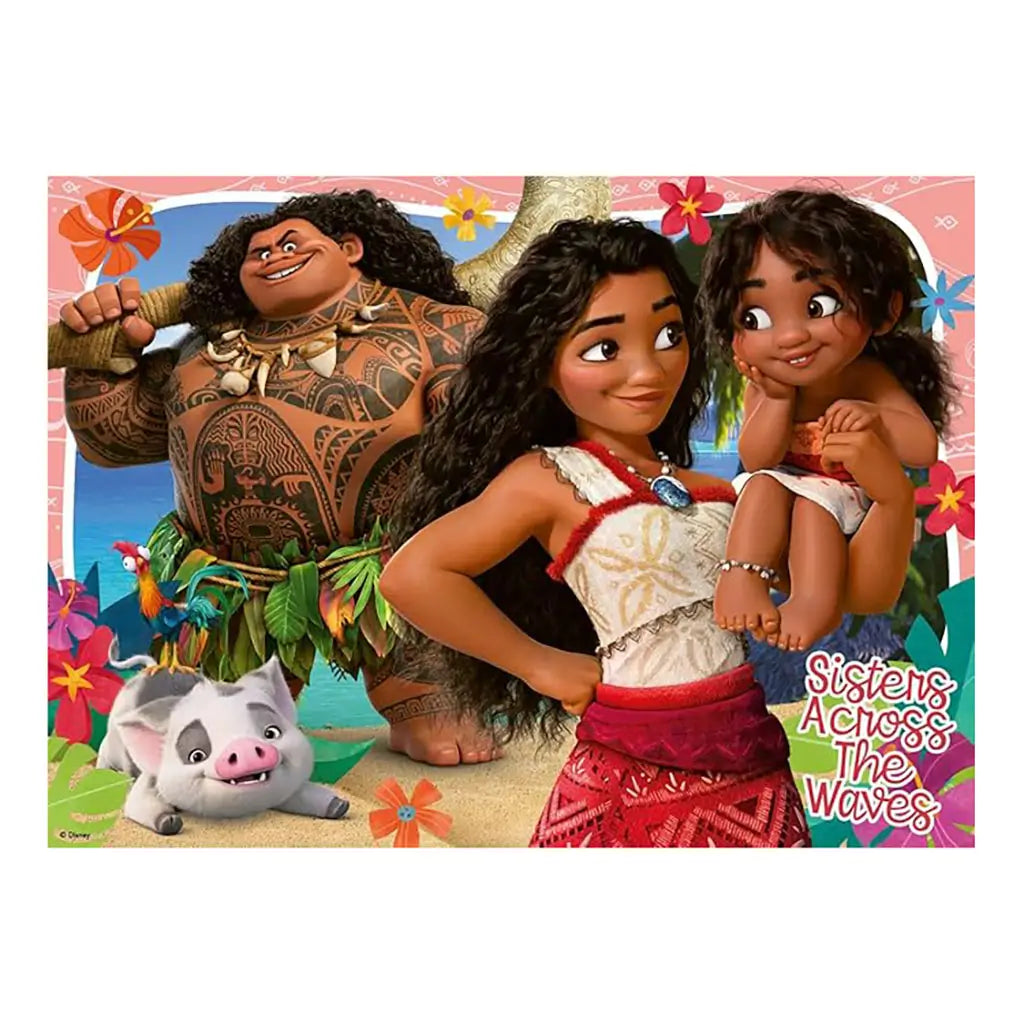 Disney Moana puzzle scene featuring Moana, Maui, and friends with Pua and Hei Hei on a beach, captioned “Sisters Across the Waves,” surrounded by colorful flowers.