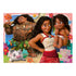 Disney Moana puzzle scene featuring Moana, Maui, and friends with Pua and Hei Hei on a beach, captioned “Sisters Across the Waves,” surrounded by colorful flowers.