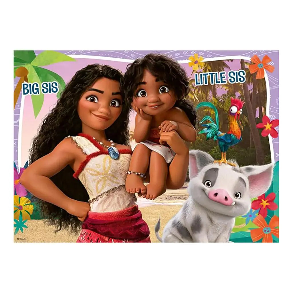 Disney Moana puzzle design showing Moana holding a little girl with Pua the pig and Hei Hei the rooster nearby, set against a tropical island background with flowers.