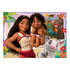 Disney Moana puzzle design showing Moana holding a little girl with Pua the pig and Hei Hei the rooster nearby, set against a tropical island background with flowers.