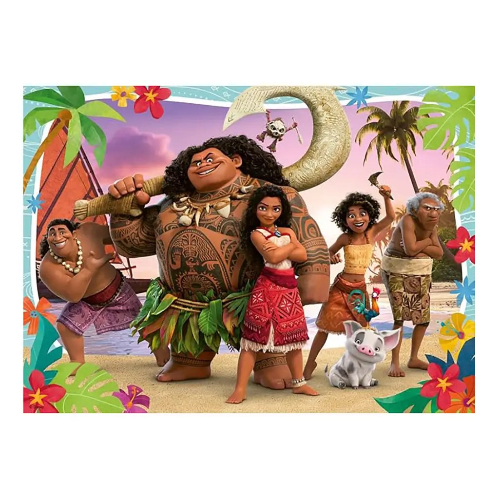 Colorful Ravensburger Disney Moana puzzle artwork featuring Moana, Maui, and village characters on a sandy beach with palm trees, flowers, and ocean waves in the background.