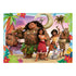 Colorful Ravensburger Disney Moana puzzle artwork featuring Moana, Maui, and village characters on a sandy beach with palm trees, flowers, and ocean waves in the background.