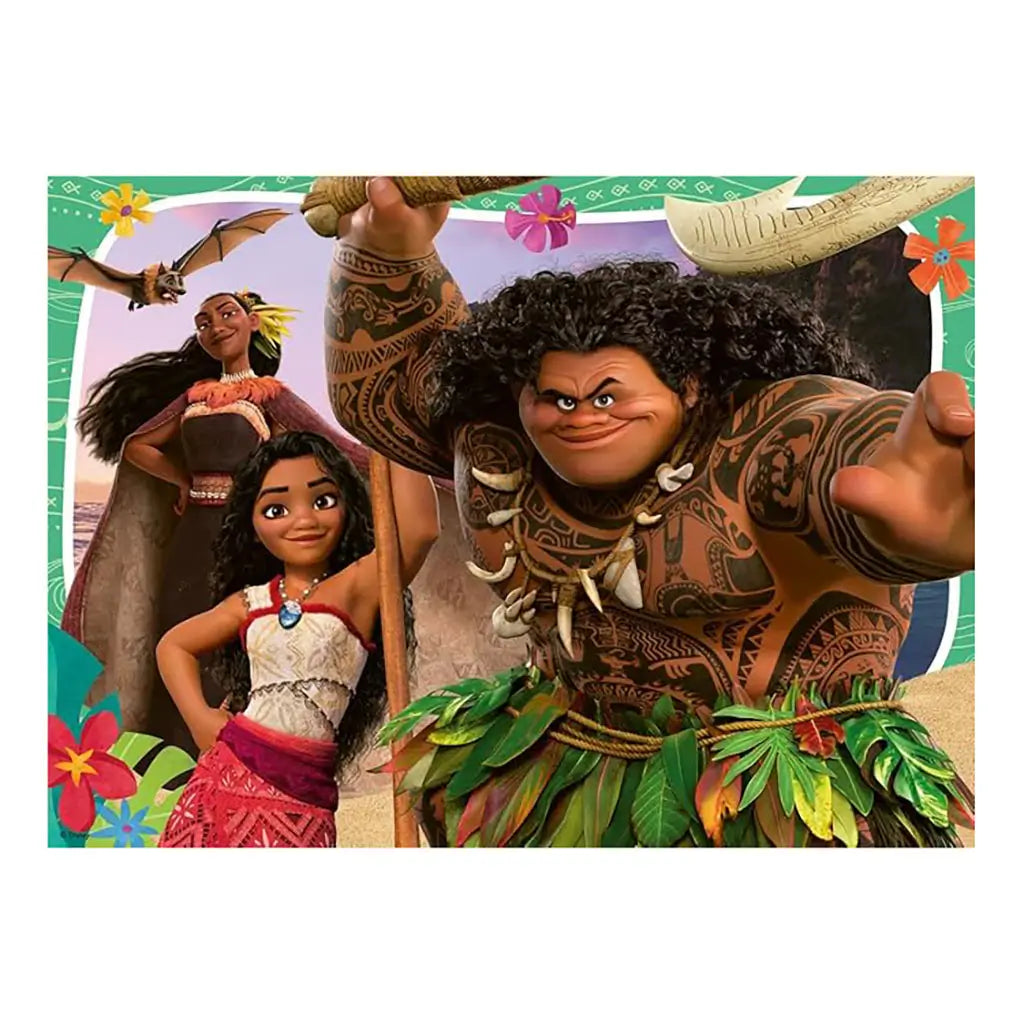 Disney Moana puzzle illustration showing Maui with his magical fishhook alongside Moana and another character, framed with tropical flowers and bright beach scenery.