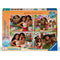 Ravensburger Disney Moana 4x100 piece bumper puzzle pack box, displaying four bright designs of Moana, Maui, and friends in tropical beach settings with vibrant colors.
