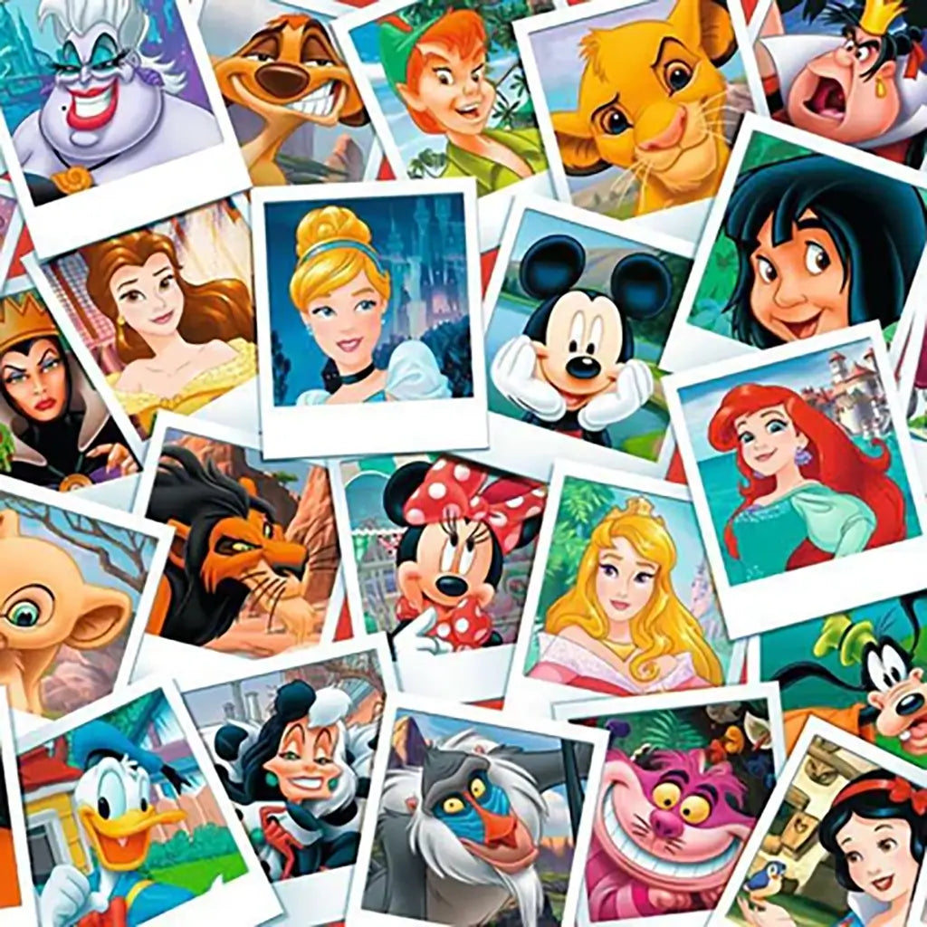 Ravensburger Disney puzzle design featuring a collage of framed character portraits including Mickey, Minnie, Simba, Cinderella, Ariel, and other beloved Disney heroes and villains.