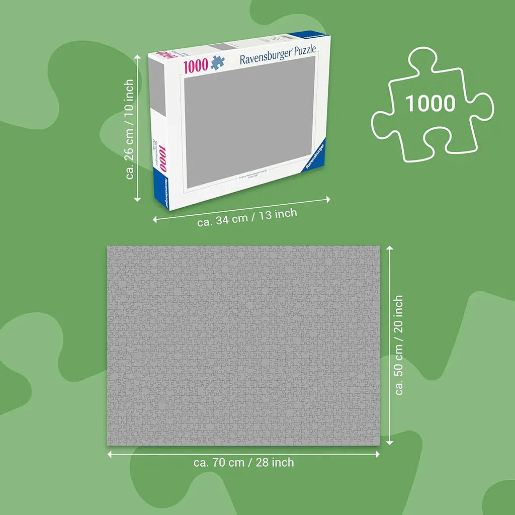 Ravensburger Disney Stitch 1000-piece puzzle dimensions graphic shows 28 x 20 inch finished size and 13 x 10 inch box size, with clear layout on green background.