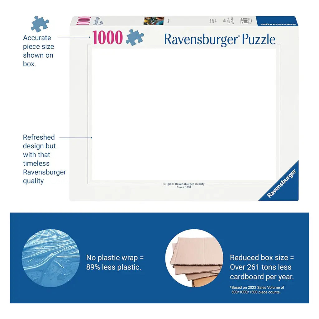 Ravensburger Disney Stitch 1000-piece puzzle box redesign highlights reduced plastic wrap, smaller packaging, and eco-friendly cardboard savings with timeless quality branding.