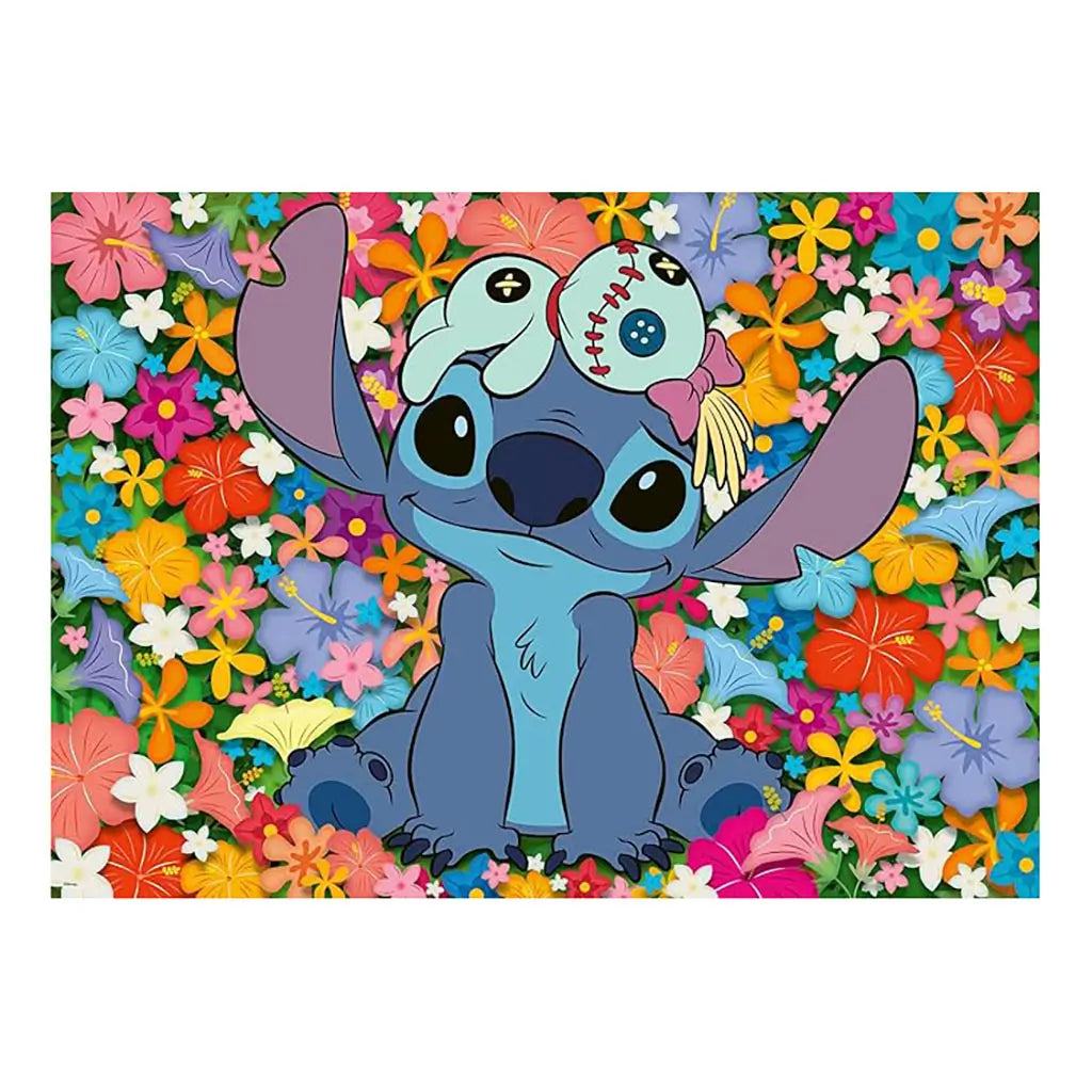 Ravensburger Disney Stitch puzzle artwork depicts Stitch sitting with a playful smile and Scrump doll on his head, set against a colorful backdrop of tropical hibiscus flowers.