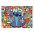 Ravensburger Disney Stitch puzzle artwork depicts Stitch sitting with a playful smile and Scrump doll on his head, set against a colorful backdrop of tropical hibiscus flowers.