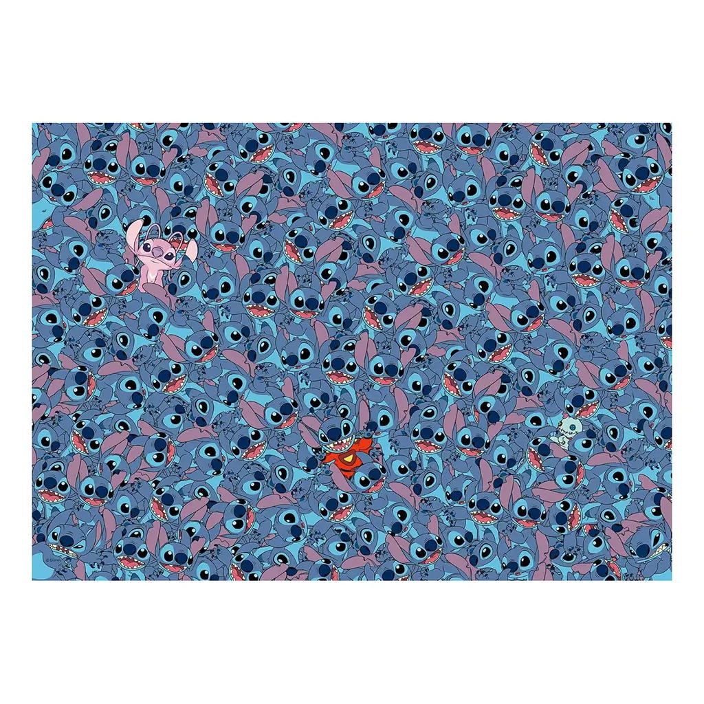 Puzzle image features a challenge design with countless blue Stitch faces, accented by pink Angel and Stitch in a red outfit, creating a playful, detailed Disney pattern.