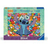 Ravensburger Disney Stitch 1000-piece puzzle box displays Stitch with Scrump atop his head against a multicolored floral background, highlighting premium quality branding.