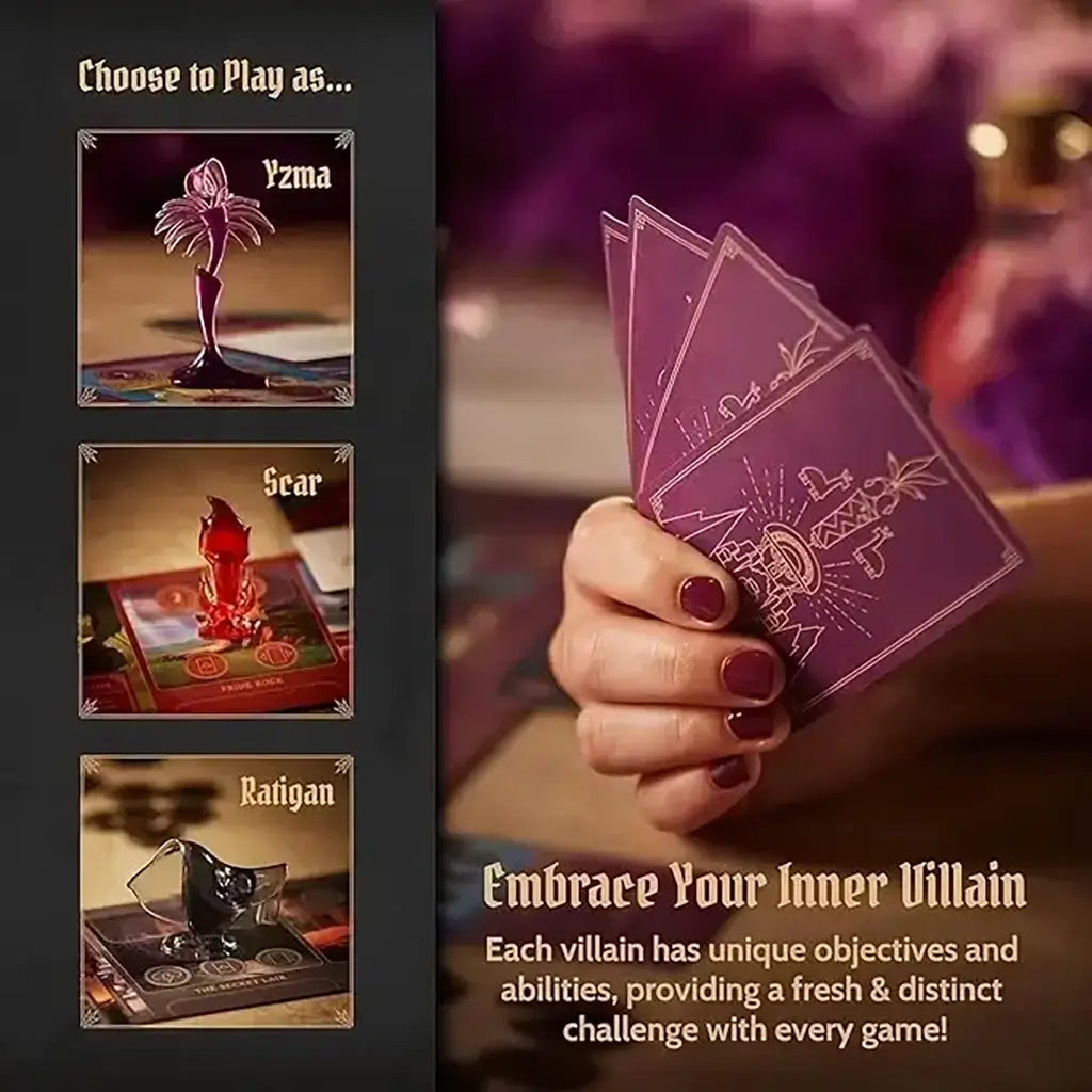 Disney Villainous Evil Comes Prepared game card showing play options with villains Yzma, Scar, and Ratigan, alongside a hand holding purple villain cards with engraved gold line art.
