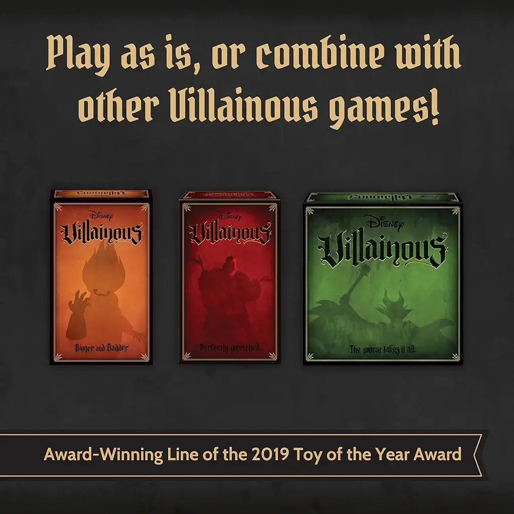 Disney Villainous Evil Comes Prepared expansion boxes displayed with other Villainous sets, emphasizing compatibility for mixing gameplay across the Disney Villainous board game series.