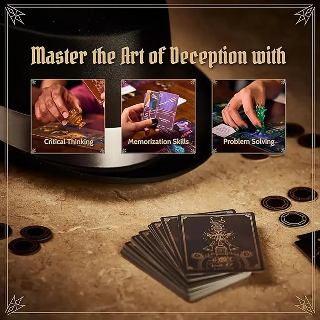 Disney Villainous Evil Comes Prepared promotional image showing cards and tokens with focus on skills developed, including problem solving, memorization, and strategic critical thinking.