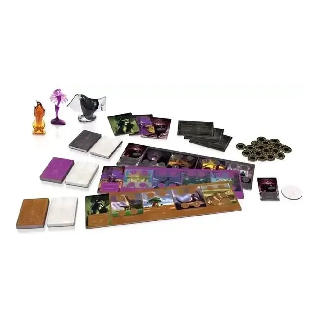 Disney Villainous Evil Comes Prepared board game components displayed, including villain mover tokens, illustrated cards, player boards, and cardboard coin tokens for gameplay.