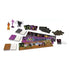 Disney Villainous Evil Comes Prepared board game components displayed, including villain mover tokens, illustrated cards, player boards, and cardboard coin tokens for gameplay.