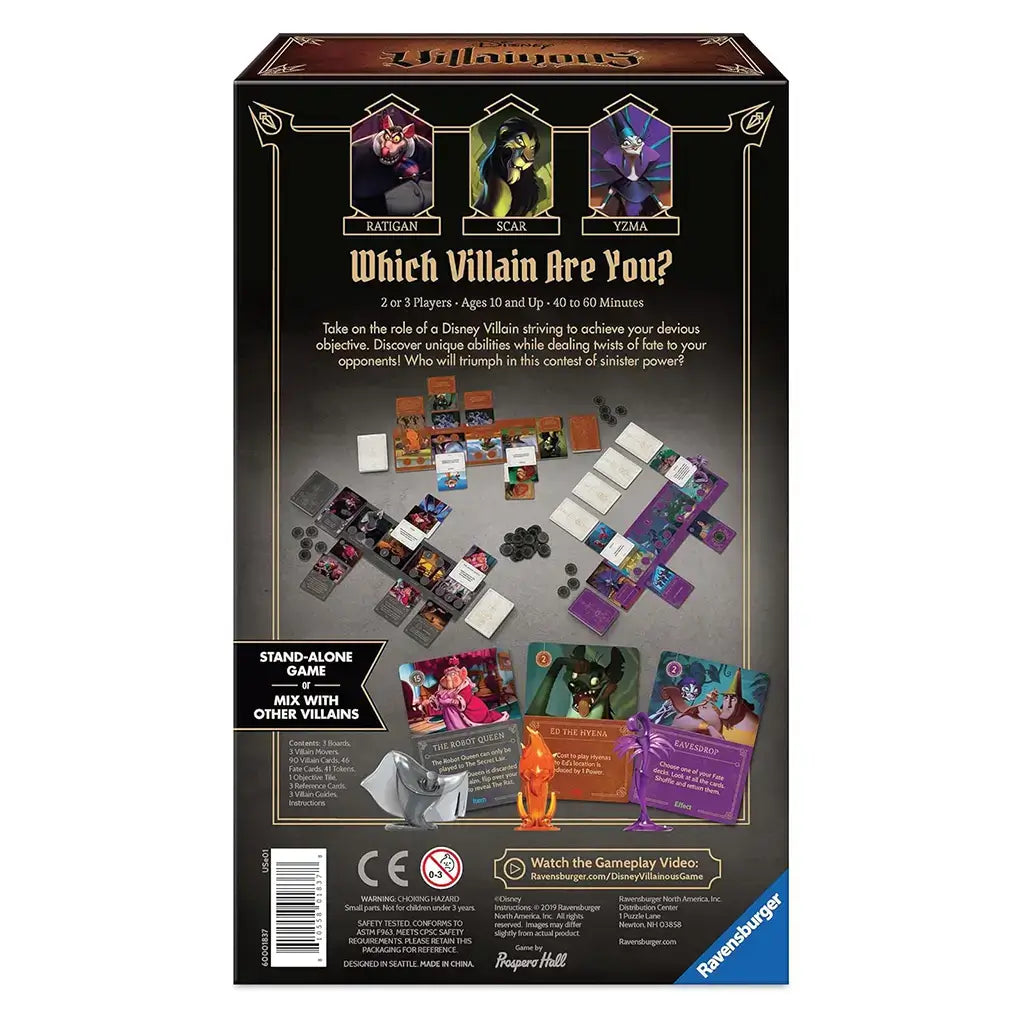 Back of Disney Villainous Evil Comes Prepared box featuring images of game pieces, description of objectives, and character portraits of Ratigan, Scar, and Yzma above setup components.