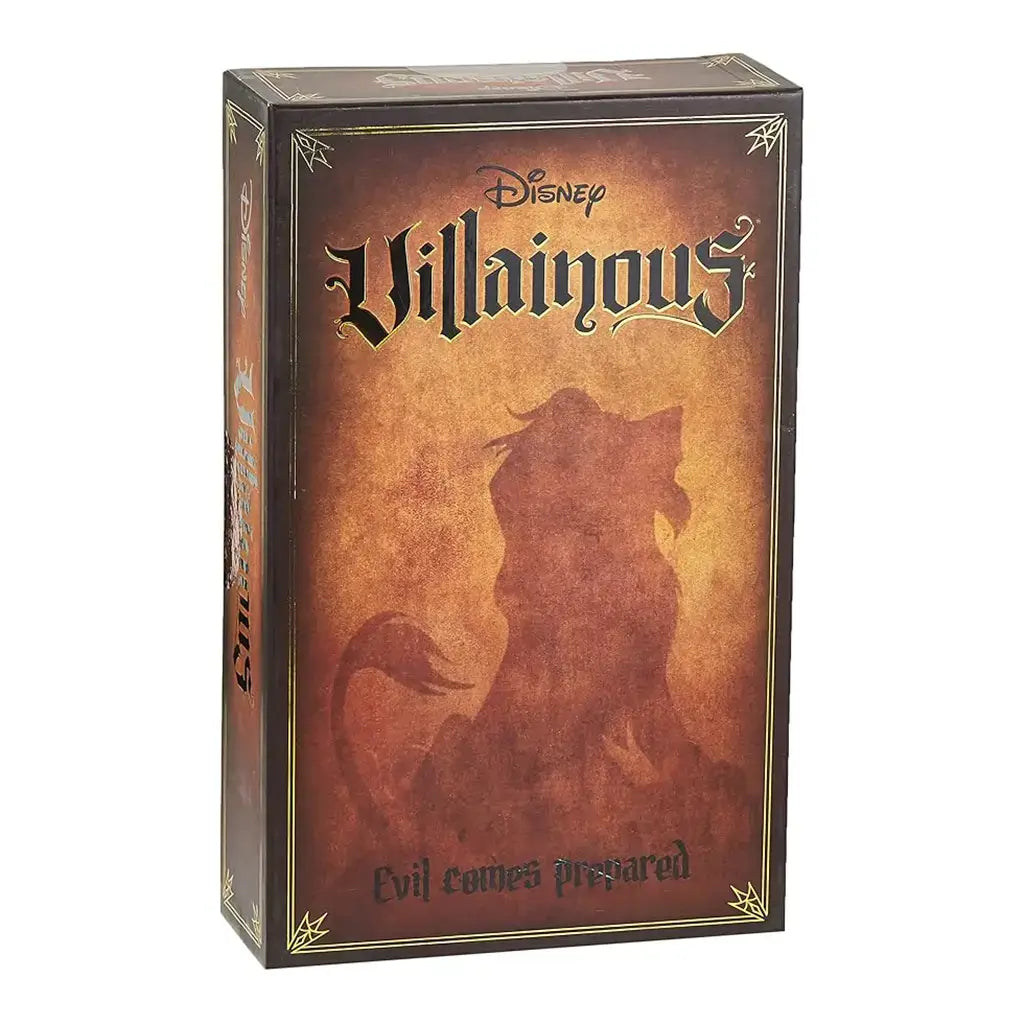 Front of Disney Villainous Evil Comes Prepared box in brown and gold design, featuring Scar’s silhouette with flowing mane, curled tail, and the tagline Evil Comes Prepared on bottom.