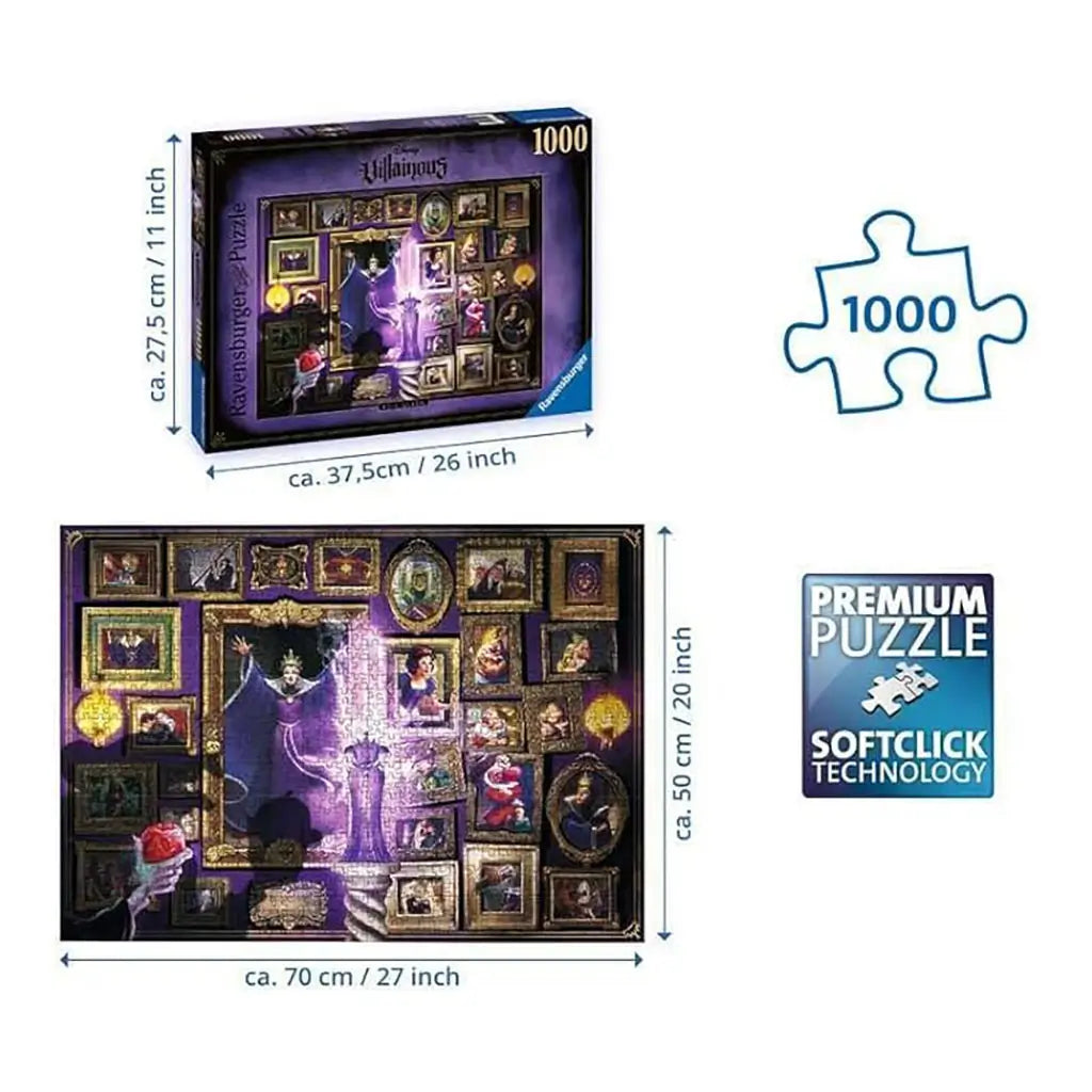 Ravensburger Disney Villainous Evil Queen 1000-piece puzzle box and completed artwork with framed scenes from Snow White, measuring 70 x 50 cm, featuring premium Softclick technology.