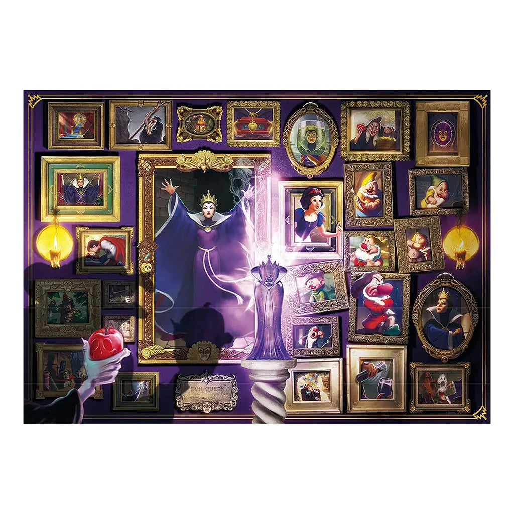 Completed Ravensburger Disney Villainous Evil Queen puzzle artwork showing purple background with ornate frames of Snow White, dwarfs, and dark fairy tale imagery highlighting the Queen.