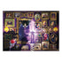 Completed Ravensburger Disney Villainous Evil Queen puzzle artwork showing purple background with ornate frames of Snow White, dwarfs, and dark fairy tale imagery highlighting the Queen.