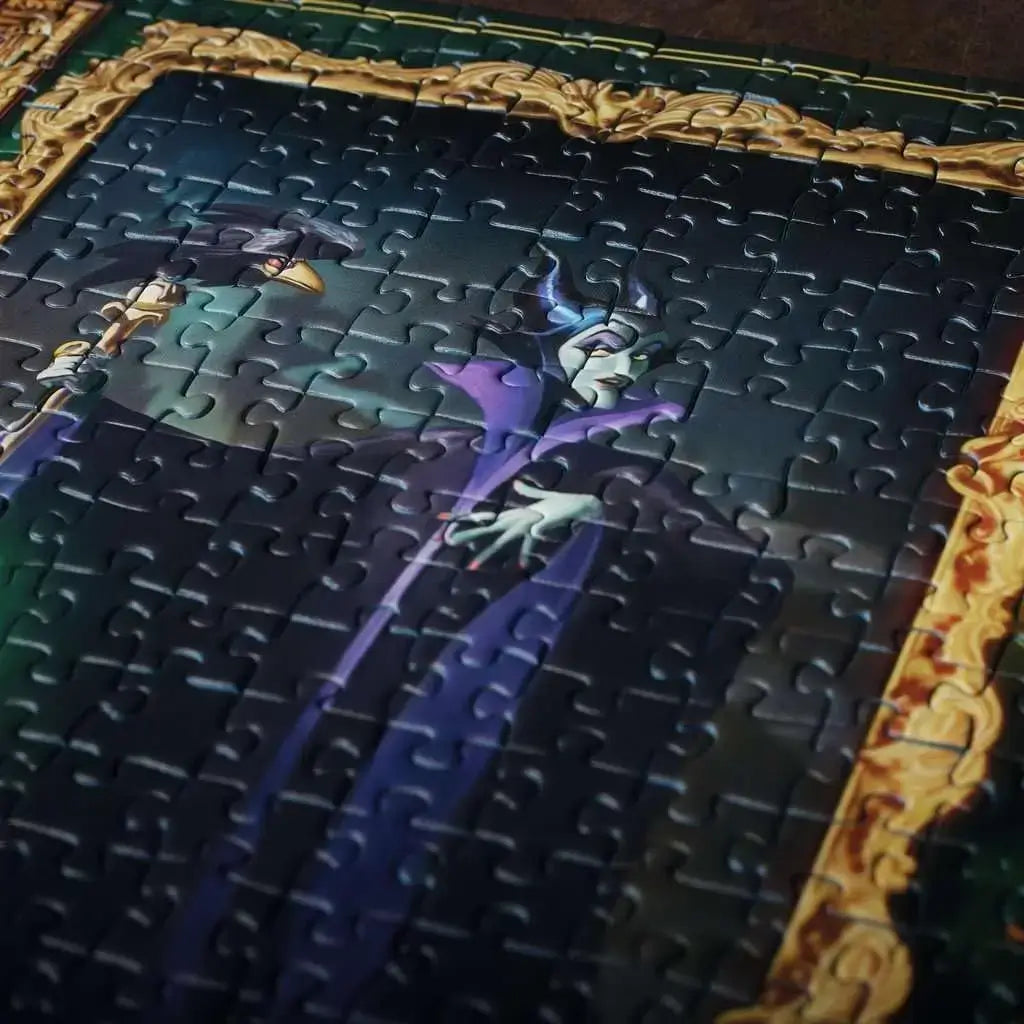 Close-up of Maleficent’s portrait in Ravensburger puzzle, highlighting premium quality cardboard with precise interlocking pieces and detailed dark fantasy artwork.
