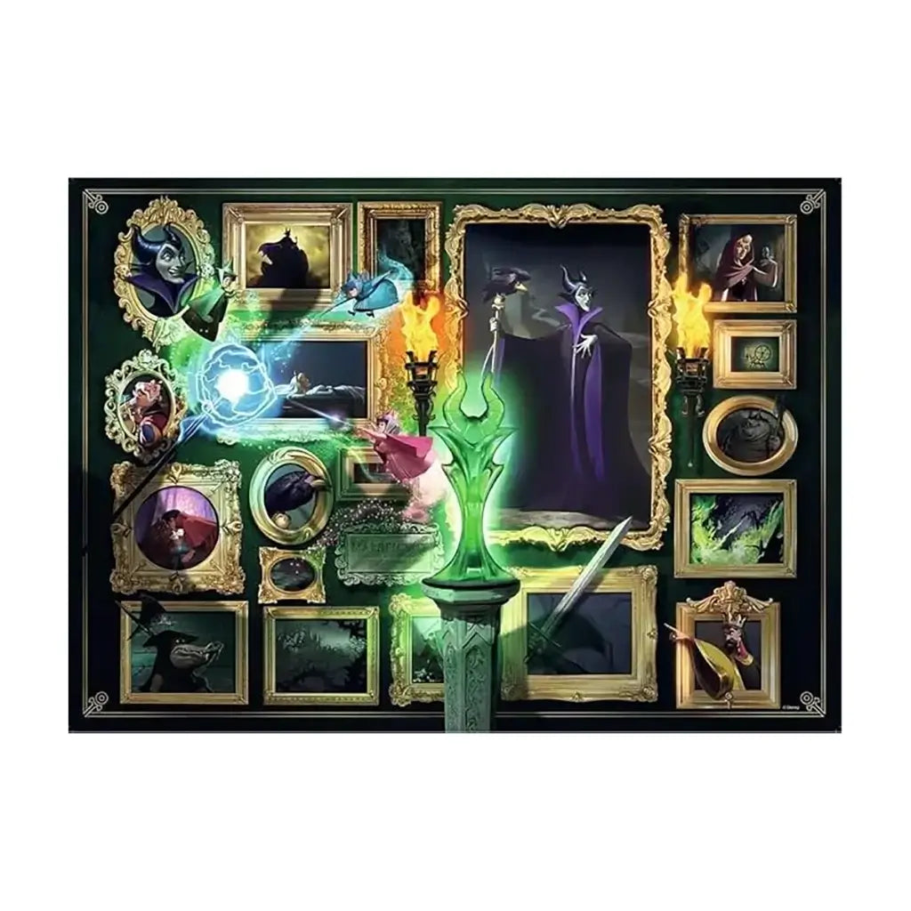 Completed Ravensburger Disney Villainous Maleficent puzzle artwork featuring gold-framed scenes, glowing green magic, and Maleficent as the central villainous figure.