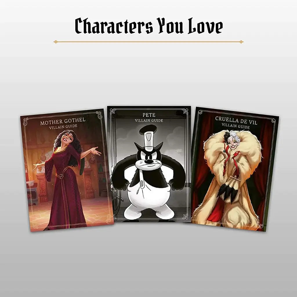 Disney Villainous: Perfectly Wretched character villain guide cards for Mother Gothel, Pete, and Cruella de Vil, each illustrated with unique artwork for gameplay strategy.