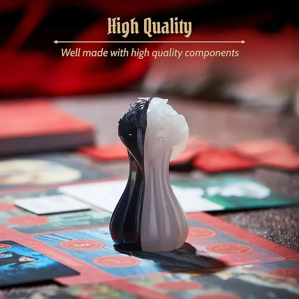 Disney Villainous: Perfectly Wretched close-up of Cruella de Vil sculpted mover, shown in black and white high-quality finish, placed on a red villain board with cards.