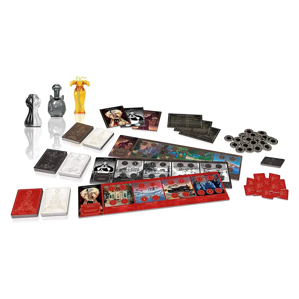 All components of Disney Villainous: Perfectly Wretched board game, including villain cards, player boards, sculpted movers, fate decks, tokens, and illustrated guide cards.