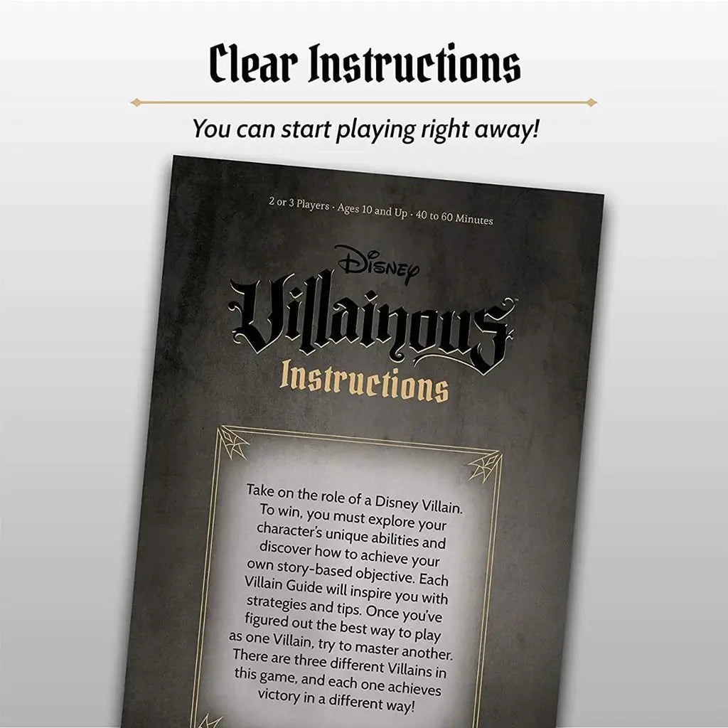 Instruction booklet from Disney Villainous: Perfectly Wretched, featuring rules, tips, and strategies for playing as different villains, designed in black with gold lettering.