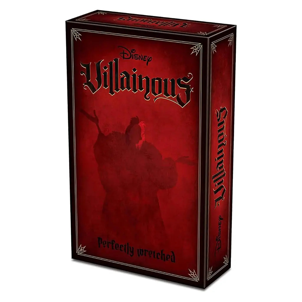 Front of Ravensburger Disney Villainous: Perfectly Wretched board game box with red gothic design, featuring the silhouette of Cruella de Vil and dark decorative accents.