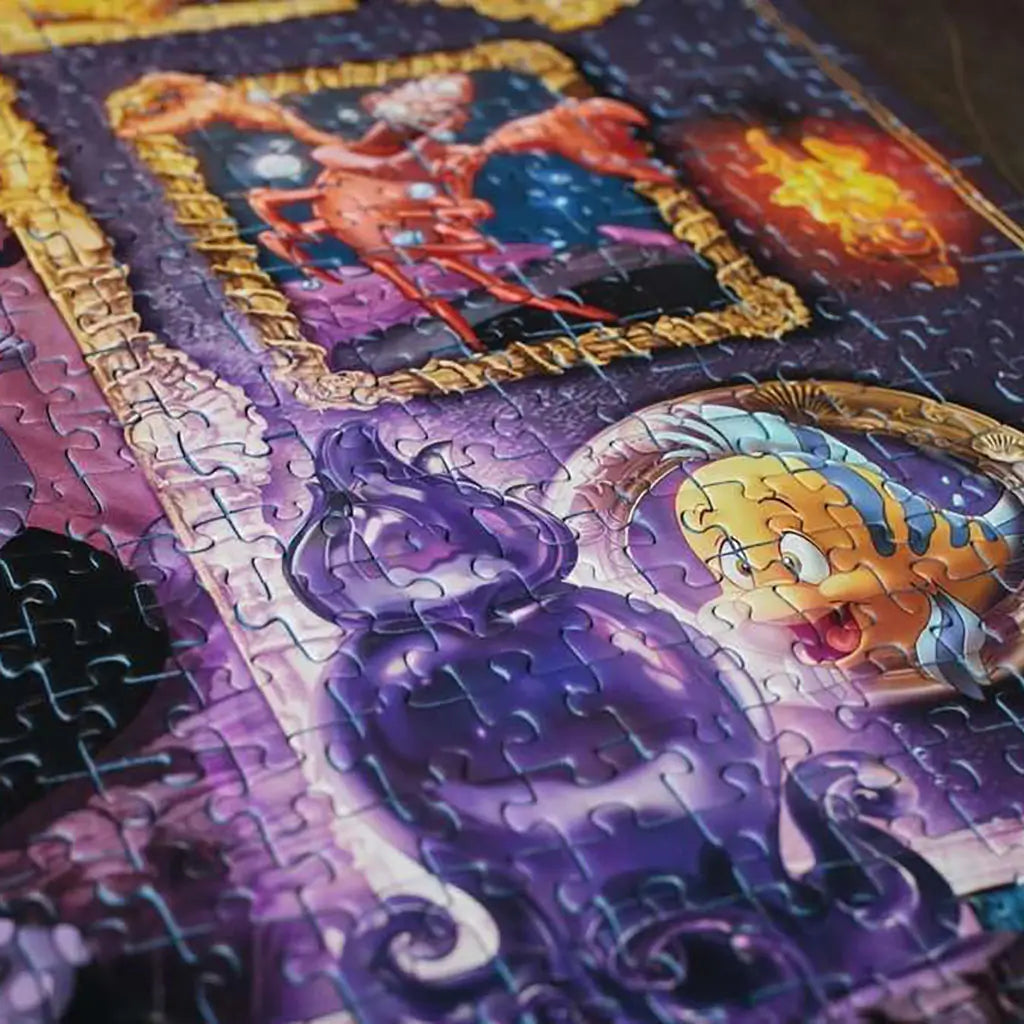 Disney Villainous Ravensburger puzzle close-up shows Ursula, Flounder, and Sebastian in ornate golden frames, highlighting vibrant purple tones with a smooth glare-free finish.
