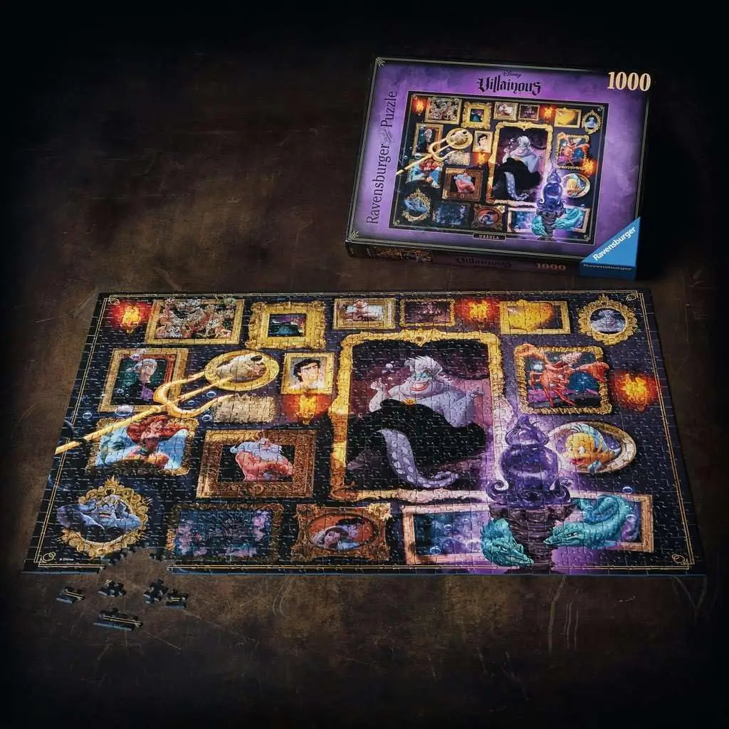 Front of Ravensburger Disney Villainous Ursula puzzle box in purple, displaying 1000-piece label and framed artwork of Ursula with golden accents and glowing purple details.