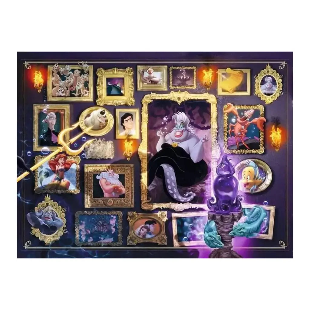 Full design of Disney Villainous Ravensburger Ursula puzzle showcases purple background with framed scenes of Ariel, Ursula, Flounder, and Sebastian bordered in ornate gold.