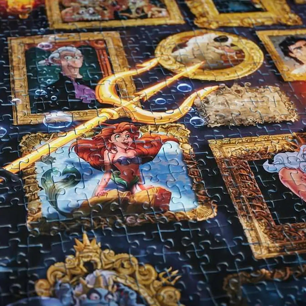 Ravensburger Disney Villainous Ursula puzzle box and completed image displayed with precise 1000-piece dimensions and SoftClick technology for satisfying puzzle assembly.