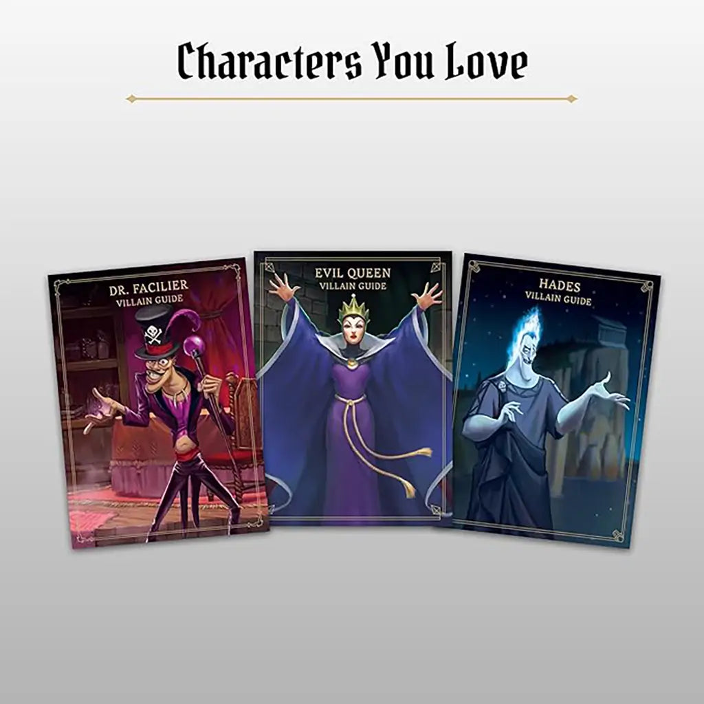 Disney Villainous Wicked to the Core villain guides for Dr. Facilier, Evil Queen, and Hades displayed side by side, each with bold character artwork highlighting their unique abilities.