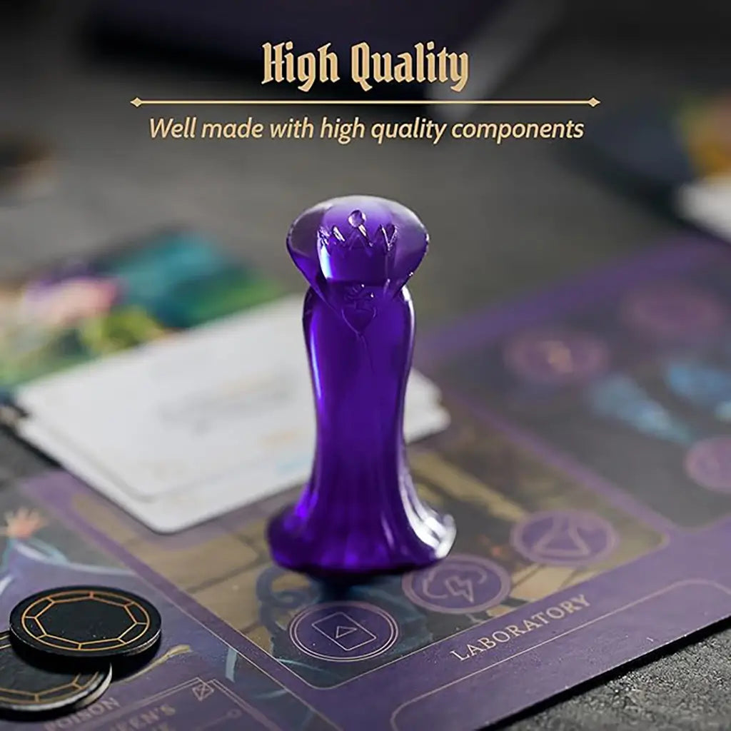 Close-up of Disney Villainous Wicked to the Core purple villain mover on a board with illustrated cards and cardboard tokens, showcasing detailed, high-quality components for play.