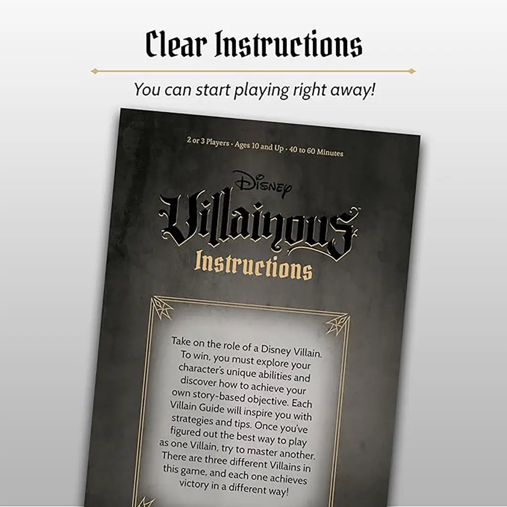 Disney Villainous Wicked to the Core instruction booklet displayed, featuring black and gold text explaining rules and strategies to help players quickly start the board game.
