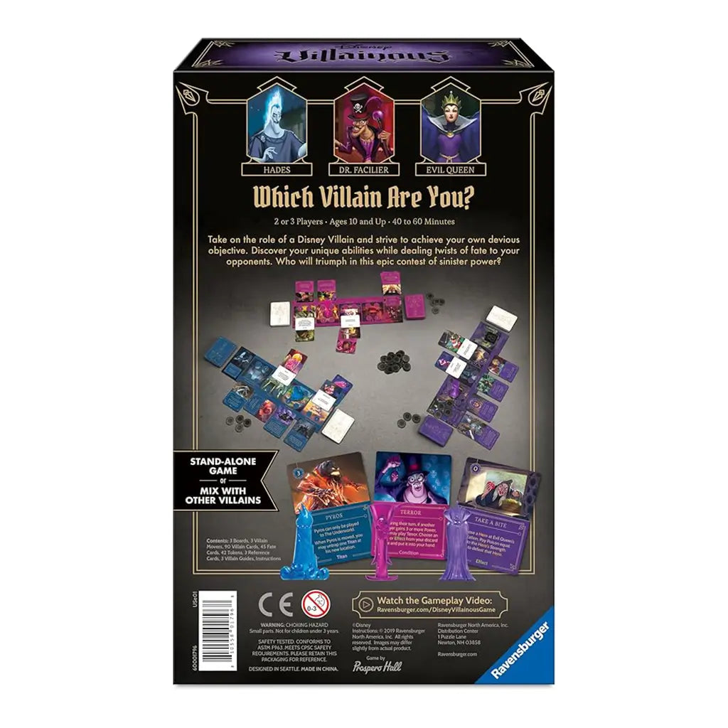 Back of Disney Villainous Wicked to the Core box showing Hades, Dr. Facilier, and the Evil Queen as playable villains with game components, cards, tokens, and setup displayed below.